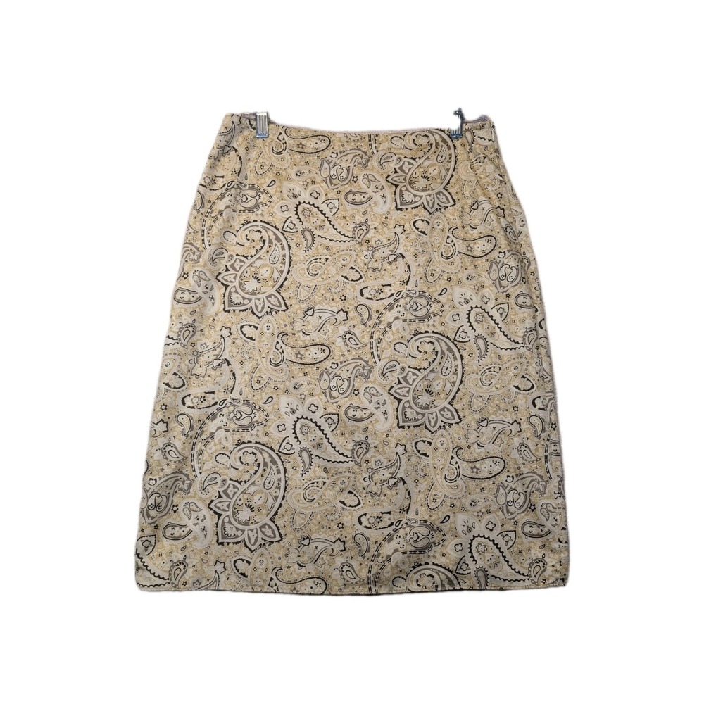 Banana Republic Y2K Sz 8 Paisley Cotton A-Line Skirt Tan Beige Black Office Work